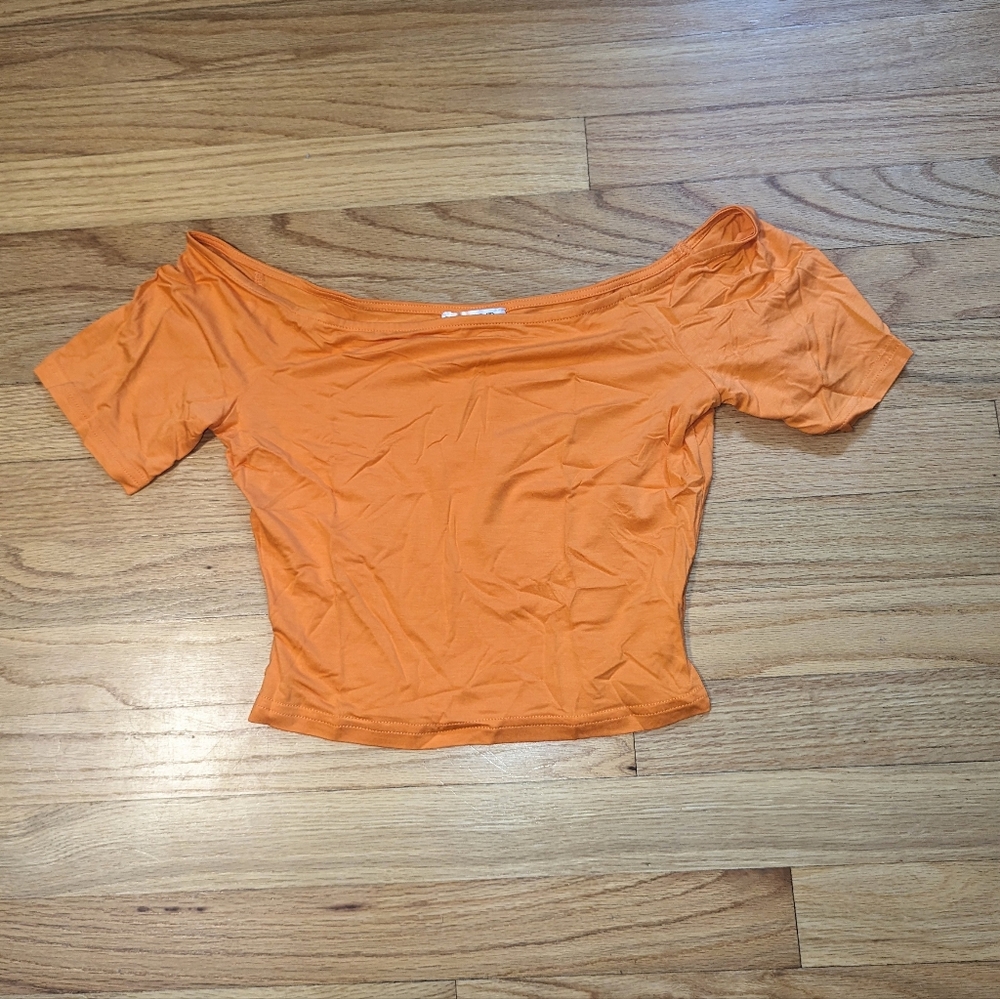 Off the Shoulder Orange Modal Short Sleeve Tee Cropped Top SMALL